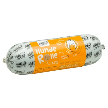 Hochwertige Hundefutterrolle mit der Bezeichnung 'Hunde Rolle' mit Ente, in einem orange-weißen Design, hergestellt in Deutschland.