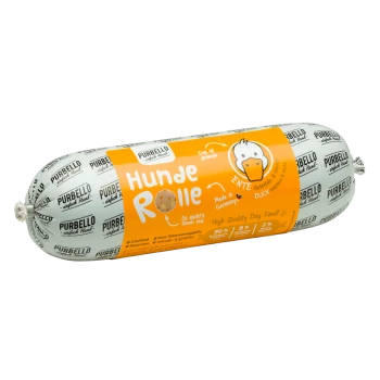 Hochwertige Hundefutterrolle mit der Bezeichnung 'Hunde Rolle' mit Ente, in einem orange-weißen Design, hergestellt in Deutschland.