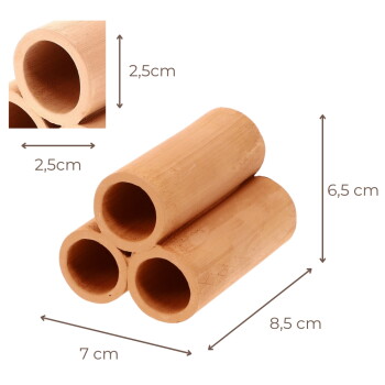 Terrakotta-Kleintierversteck mit drei Röhren, gestapelte Zylinder mit beschrifteten Maßen: 2,5 cm; 2,5 cm; 6,5 cm; 7 cm; 8,5 cm.