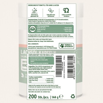 Ergänzungsfutter für Hunde und Katzen in Kapselform, das ein glänzendes Fell fördert und den Stoffwechsel unterstützt. Enthält Lachsöl und Vitamine.