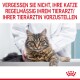 Eine getigerte Katze auf einem Tierarzt-Tisch schaut in die Kamera, mit einem Tierarzt hinter ihr. Der Text lautet: "VERGESSEN SIE NICHT, REGELMÄSSIG ZUM TIERARZT ZU GEHEN."