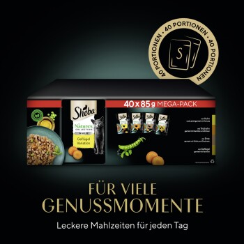 Sheba Mega-Pack: 40 Portionen von 85g Katzenfutter in Gel, Geschmäcker umfassen Huhn, Truthahn und Ente. Text: "Für viele Genussmomente."