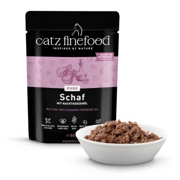 Catz Finefood Pure Schaf Lamm Katzenfutter mit Nachtkerzenöl, getreidefrei, natürliches Beutetierkonzept, 85g Beutel mit Schale Nassfutter.