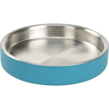 A stainless steel pet bowl with a bright blue exterior, featuring a smooth, shiny interior surface.