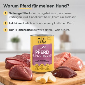 Bild eines rohen Pferdefleischstücks (62% hypoallergen) neben Pastinakenstücken, mit dem Text "leicht verdauliche Pastinake."