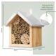 Holzinsektenhaus mit silbernem Dach, mit verschiedenen Lochgrößen zum Nisten, beschriftete Abmessungen: 24,5 cm x 20 cm x 17 cm.