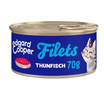 Dose mit Edgard Cooper Thunfischfilets für Katzen, 70g, mit einer lächelnden Katzenillustration und einem hellblauen Etikett.