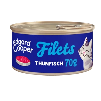 Blik met Edgard Cooper tonijnfilets voor katten, 70g, met een glimlachende kat illustratie en een felblauw etiket.