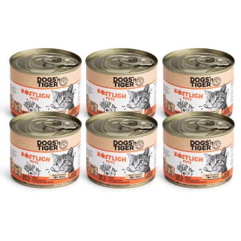 Köstlich 6x200 g Sechs Dosen DOGS'n TIGER Katzenfutter, beschriftet mit "KÖSTLICH PUTE", mit einer Katzenillustration und dem Hinweis "100% NATURAL" und "78% PUTE."