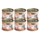 Sechs Dosen DOGS'n TIGER Katzenfutter, beschriftet mit "KÖSTLICH PUTE", mit einer Katzenillustration und dem Hinweis "100% NATURAL" und "78% PUTE."