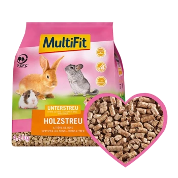 MultiFit Holzstreu-Beutel mit einem Hasen, Meerschweinchen und Chinchilla auf der Vorderseite, beschriftet mit "Unterstreu" und "Holzstreu," 4,4 kg.