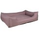 Ein plüschiges, rechteckiges Hundebett aus weichem rosa Stoff mit erhöhten Seiten für Komfort und Unterstützung.