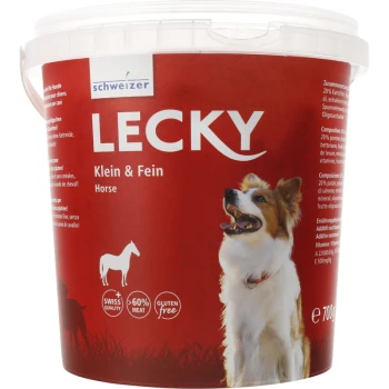 Conteneur de nourriture pour chiens LECKY avec une étiquette de chien souriant, présentant "Klein & Fein", "Cheval", qualité suisse, 60 % de viande et sans gluten.