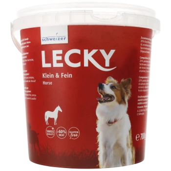 Conteneur de nourriture pour chiens LECKY avec une étiquette de chien souriant, présentant "Klein & Fein", "Cheval", qualité suisse, 60 % de viande et sans gluten.
