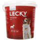 Conteneur de nourriture pour chiens LECKY avec une étiquette de chien souriant, présentant "Klein & Fein", "Cheval", qualité suisse, 60 % de viande et sans gluten.