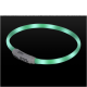 Un collier pour animaux de compagnie lumineux vert avec un compartiment à piles blanc, conçu pour la visibilité lors des promenades nocturnes.