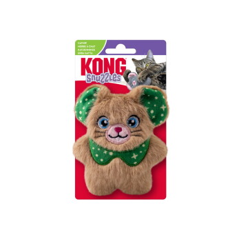 KONG Snuzzies catnip plush toy with green ears and collar, packaged with a playful cat image on top right.