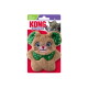 KONG Snuzzies catnip plush toy with green ears and collar, packaged with a playful cat image on top right.