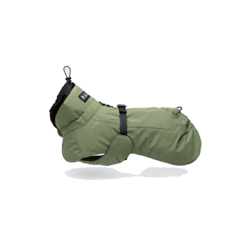 Olivgrüne, gepolsterte Hundejacke mit schwarzem Geschirrriemen und Halsbandetikett mit der Aufschrift „PA“
