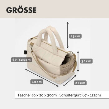 Schwarz-weiße Skizze einer Transporttasche für Haustiere mit den Maßen: 40x20x30 cm, Schultergurt 67-125 cm und Griffhöhe 25 cm.