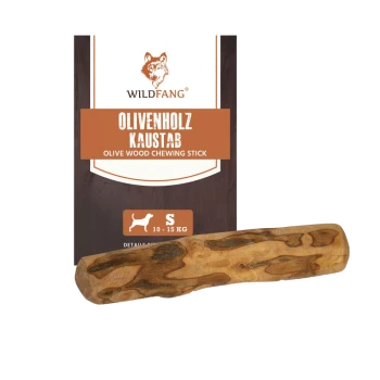Kauestick aus Olivenholz für Hunde, beschriftet "WILDFANG OLIVENHOLZ KAUSTAB," geeignet für kleine Hunde (10-15 kg).