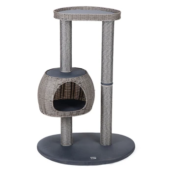 Ein stilvoller Katzenbaum mit einer dreieckigen oberen Plattform, einem gemütlichen geschlossenen Versteck und einem stabilen Sockel, alles in einem grauen geflochtenen Design.