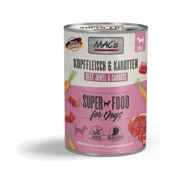Blik MAC's Super Food voor honden, smaak Runderschenkel & Wortelen, graanvrij, hoog vleesgehalte, gemaakt in Duitsland.