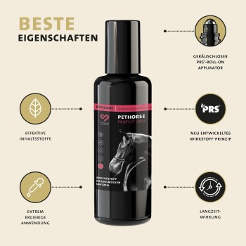 Schwarze Flasche von PETHORSE Protect 2011 mit einem Pferdebild, mit Text über effektive Inhaltsstoffe, langanhaltende Wirkungen und einen geräuschlosen Applikator.