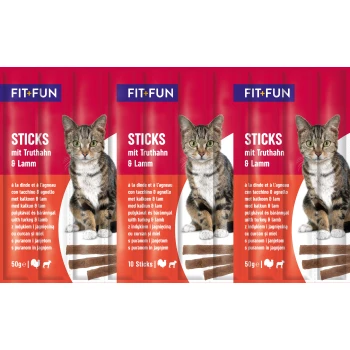 Cat treats packaging featuring three rows of "FIT+FUN STICKS mit Truthahn & Lamm" with images of a tabby cat and stick treats.