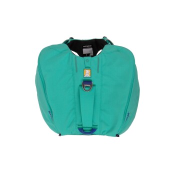 Eine leuchtend türkisfarbene Hundeschwimmweste mit verstellbaren Riemen und einem Rettungsgriff, mit dem Ruffwear-Logo und Größenetikett.