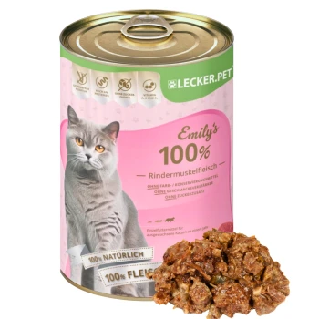 Dose mit Katzenfutter, beschriftet "Emily's 100% Rindermuskel Fleisch", mit einem Bild einer grauen Katze, das Informationen über natürliche Zutaten und keine Zusatzstoffe enthält.