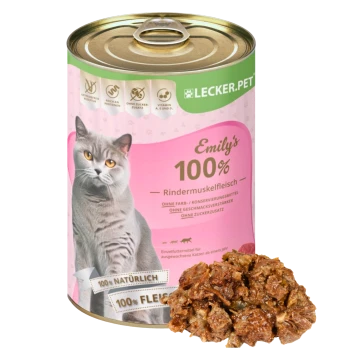 Dose mit Katzenfutter, beschriftet "Emily's 100% Rindermuskel Fleisch", mit einem Bild einer grauen Katze, das Informationen über natürliche Zutaten und keine Zusatzstoffe enthält.