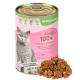 Dose mit Katzenfutter, beschriftet "Emily's 100% Rindermuskel Fleisch", mit einem Bild einer grauen Katze, das Informationen über natürliche Zutaten und keine Zusatzstoffe enthält.