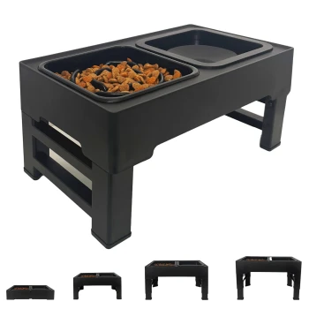 Erhöhter schwarzer Futter- und Wassernapfständer mit zwei Fächern, eines gefüllt mit trockenem Futter.