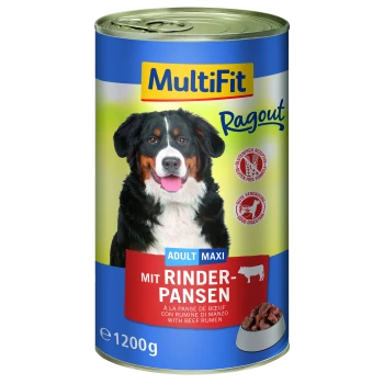 Dose Hundefutter mit der Aufschrift 'MultiFit Ragout', mit einem Berner Sennenhund auf der Vorderseite, mit den Texten 'Adult Maxi' und 'Mit Rinder-Pansen'.