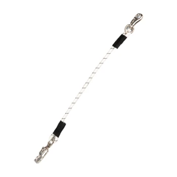 Eine schwarz-weiß gestreifte Hundeleine mit einem Metallclip an einem Ende, entworfen für das Gassigehen mit Haustieren.