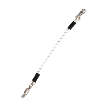 Eine schwarz-weiß gestreifte Hundeleine mit einem Metallclip an einem Ende, entworfen für das Gassigehen mit Haustieren.