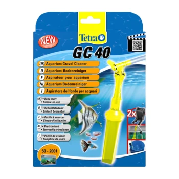 Tetra GC 40 Aquarium Kiesreiniger Verpackung mit einem hellgelben Reiniger, Fischillustrationen und mehrsprachigen Produktdetails.