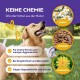 Bild zur Förderung natürlicher Haustiermittel mit "Keine Chemie" und "Wundermittel aus der Natur," mit Kamille, Leinsamen und Löwenzahn.
