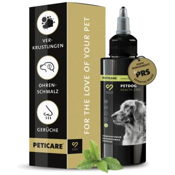Flasche Petcare Petdog Health 2110, mit einem goldenen Retriever auf dem Etikett, mit einem Tag, der "Hohe Wirksamkeit" und "Effektive Pflege" angibt.