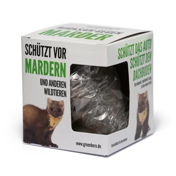 Schachtel eines Schädlingsbekämpfungsprodukts mit einem Marder, beschriftet "Schützt vor Mardern und anderen Wildtieren," mit einem hohen Bewertungsabzeichen.