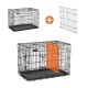 Schwarze Metall-Haustierbox mit einer abnehmbaren, orange hervorgehobenen Platte, mit einer Kunststoff-Bodenwanne und sicheren Riegeln.
