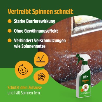 Eine 'GREEN HERO' Sprühflasche mit einer Spinnen-Grafik, 'Spinnen-EX' Text, natürlichen Palmarosa-Zutaten und 'Hergestellt in Deutschland' Logo.