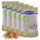 Vier Beutel Lyra Pet Naturfutter, mit einem Haufen getrockneter Fischleckereien vorne, mit einem Premium-Qualitätssiegel und Haustierbildern auf der Verpackung.