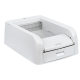 Distributeur automatique pour animaux PetSafe blanc avec couvercle coulissant et compartiment alimentaire en métal.