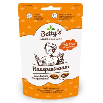 Betty's Knuspertraum Katzensnack-Tüte 'Mit Ente & Katzenminze', orange-weißes wiederverschließbares Beutelchen mit Koch- und Katzenillustration.