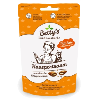 Betty's Knuspertraum Katzensnack-Tüte 'Mit Ente & Katzenminze', orange-weißes wiederverschließbares Beutelchen mit Koch- und Katzenillustration.