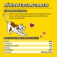Eine verspielte Cartoon-Katze auf einem leuchtend gelben Hintergrund, mit Nährwertangaben einschließlich Protein (40%), Fett (21%) und Kalorien (352 kcal/100g).