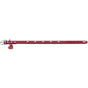 Rotes Lederhalsband mit silbernen Herznieten, Metallschnalle, kleinem roten Herz-Identanhänger und HUNTER-Markenplakette.