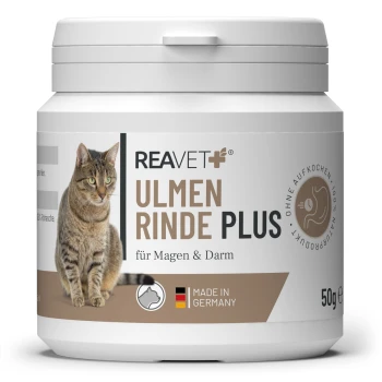 Behälter mit REAVET Ulmen Rinde Plus für Katzen, 50g, gekennzeichnet für Magen- und Darmgesundheit, mit einem Bild einer getigerten Katze und dem 'Made in Germany'-Logo.